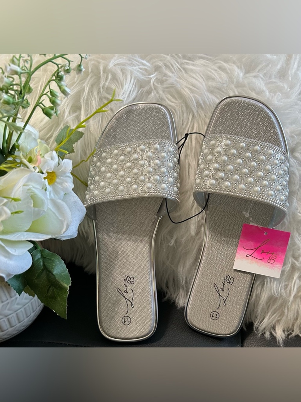 NWT Love83 Pearl-Embellished Slide Sandals  - Silver, Size 11